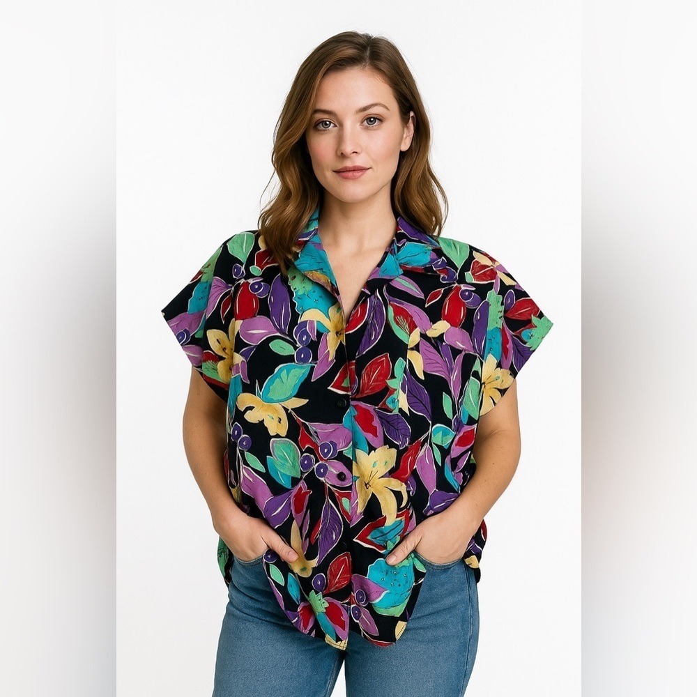 Vintage Nicole Wior Tropical Print Tunic Top Size M Short Sleeve Button-Up Shirt